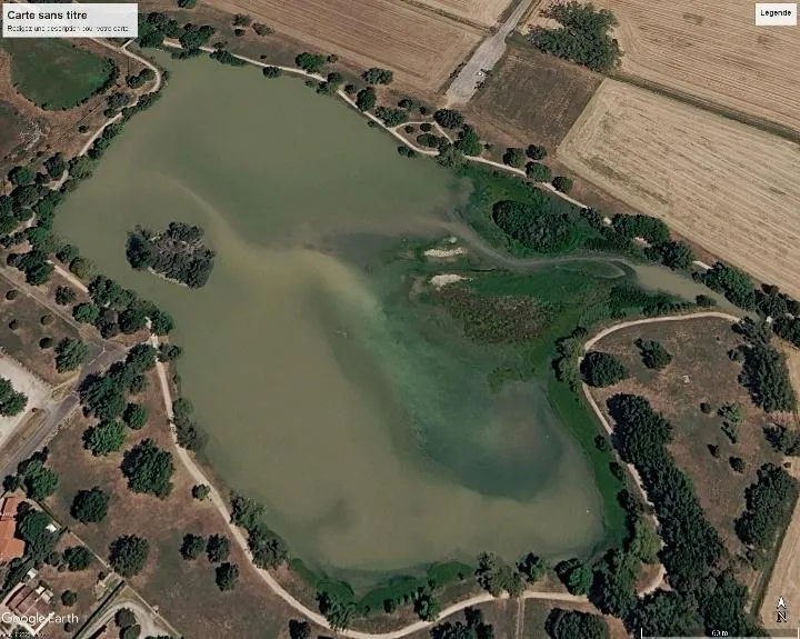 Le lac en 2026, en eau, avec des bancs de vase et de végétation visibles.